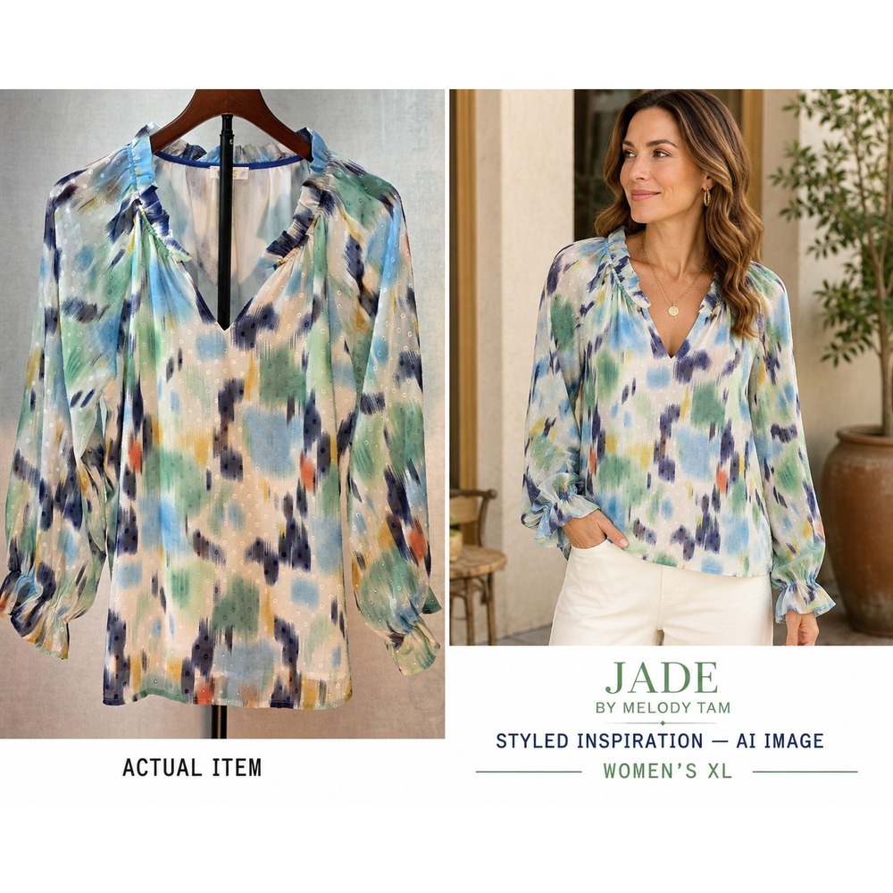 JADE by Melody Tam Watercolor Chiffon Swiss Dot Ruggle Blouse Top XL Coastal